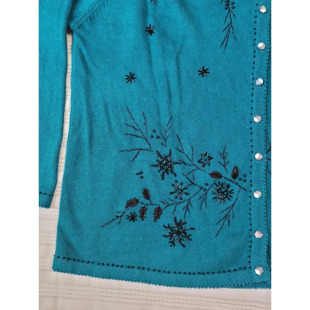 Stitches In Time Cardigan Sweater 2X Dark Turquiose Black Embellished Holiday - Picture 4 of 15